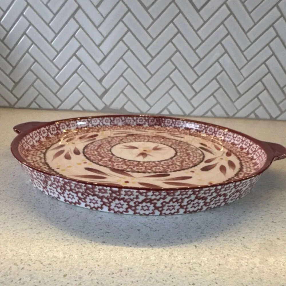 Temp-tations Old World Ceramic Round 2 qt Baking Dish, Oven Safe, Red/White